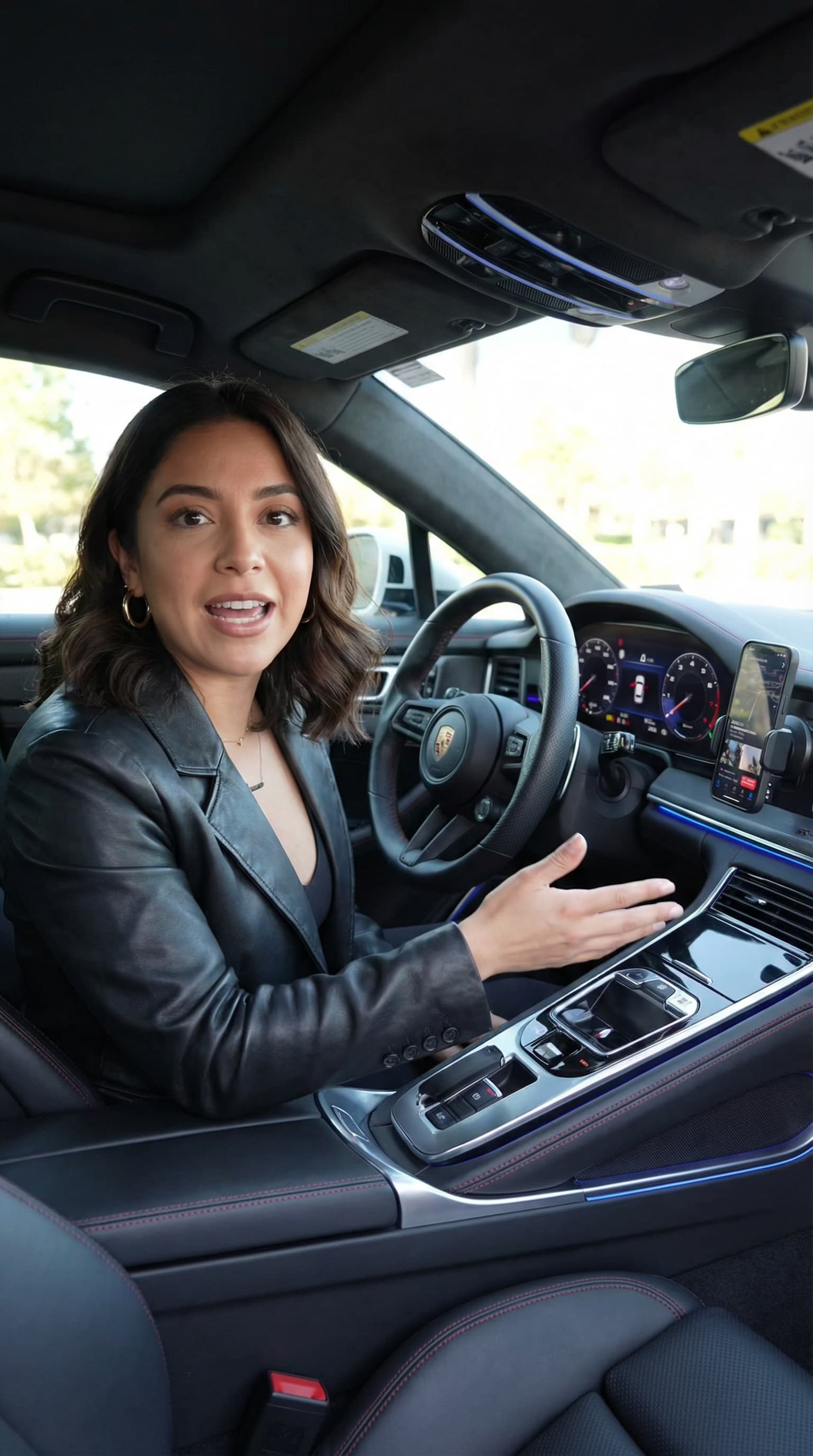 Female Car Vlogger in Luxury Sports Car Interior