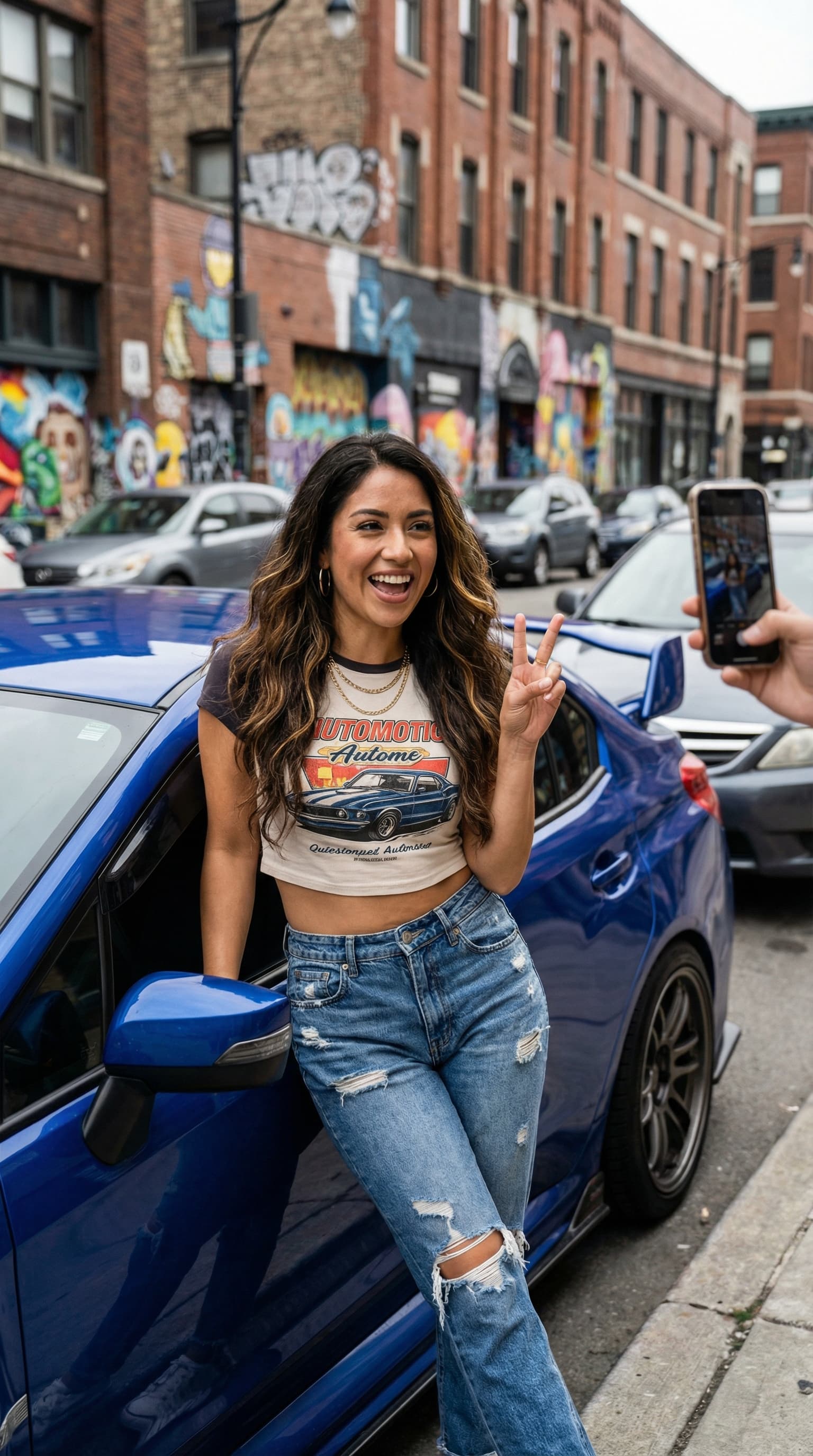 Latina Car Influencer Creating Content at Urban Location
