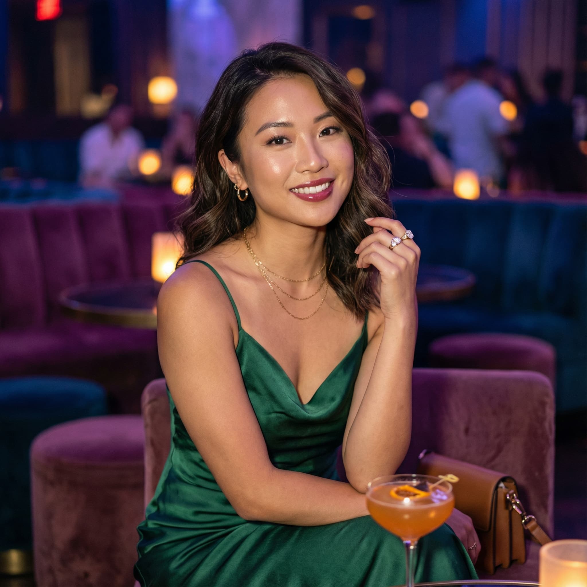 Asian Female Lifestyle Creator at Trendy Nightclub Lounge