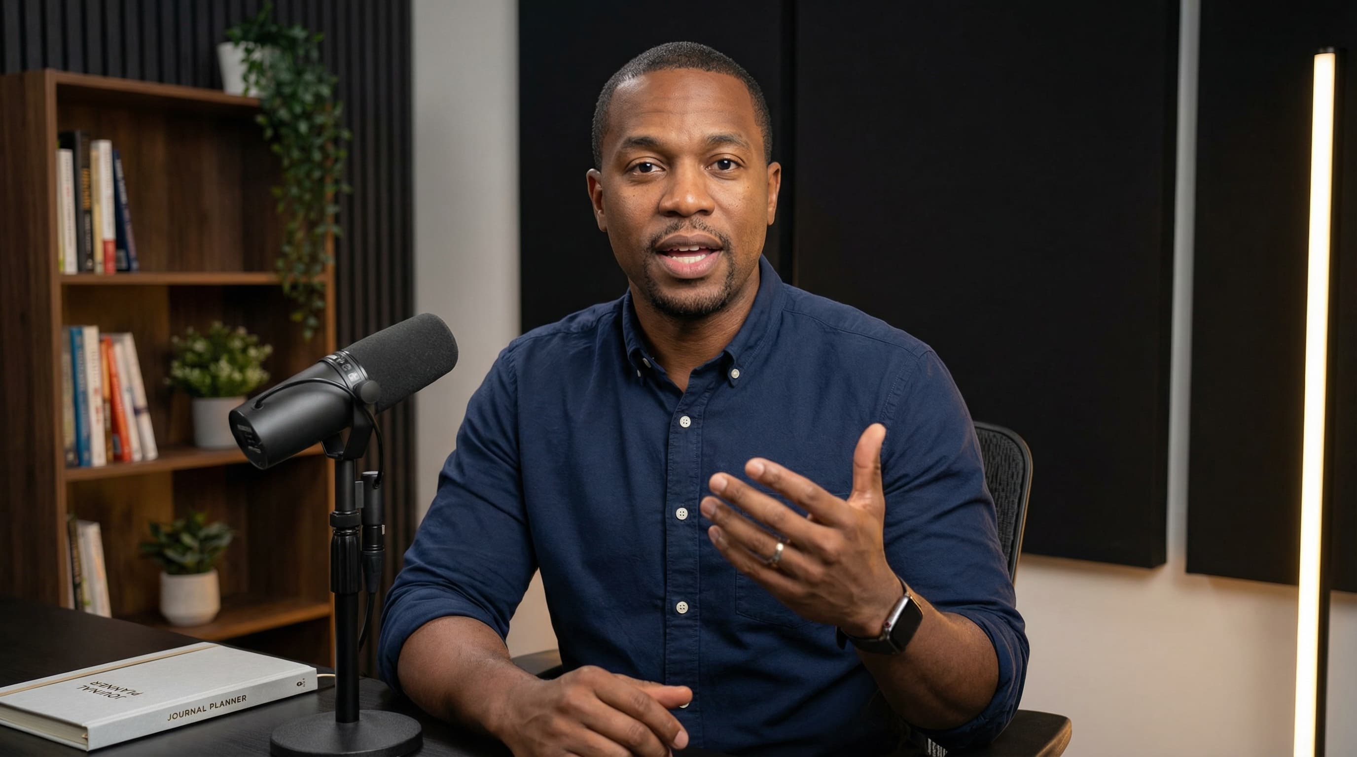 Male Wellness Entrepreneur in Modern Podcast Studio