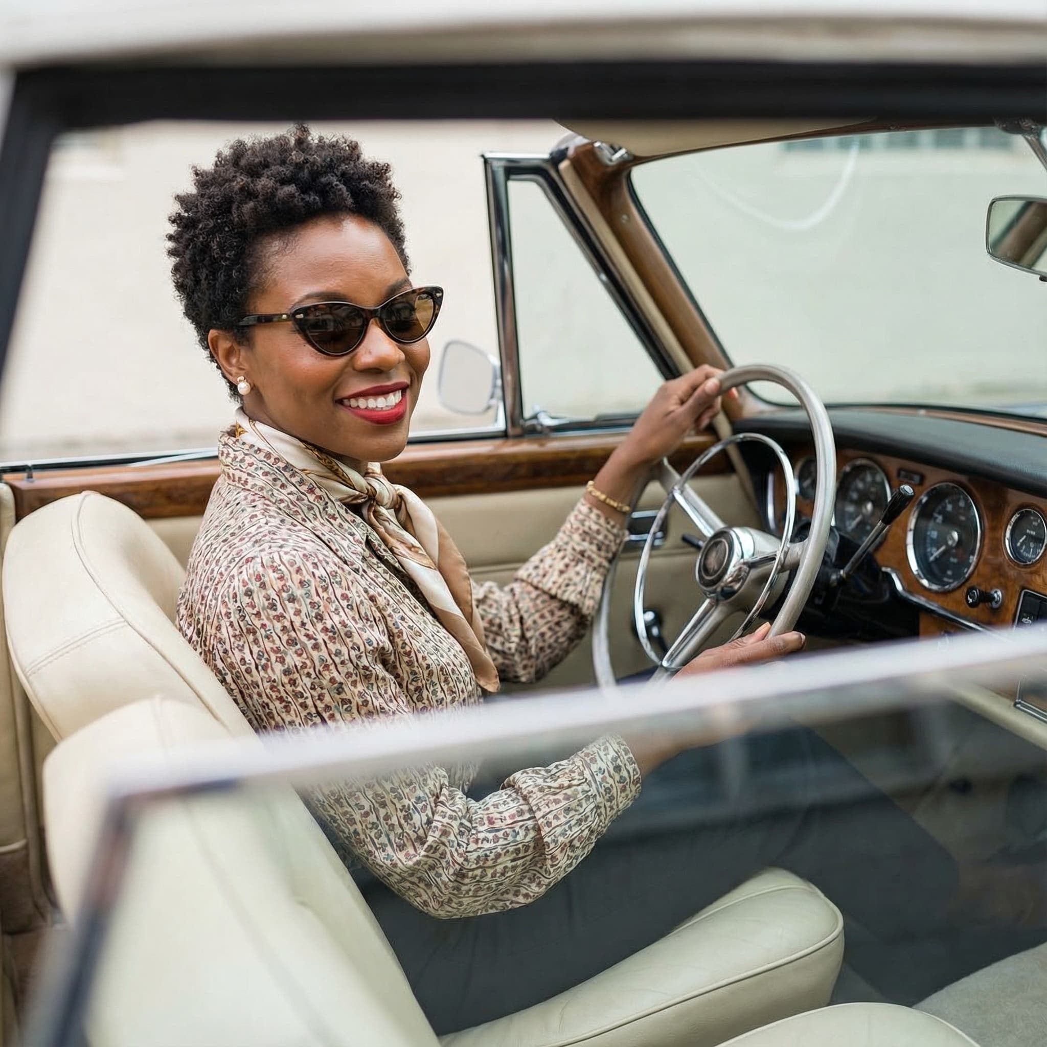 African American Female in Classic Car Interior