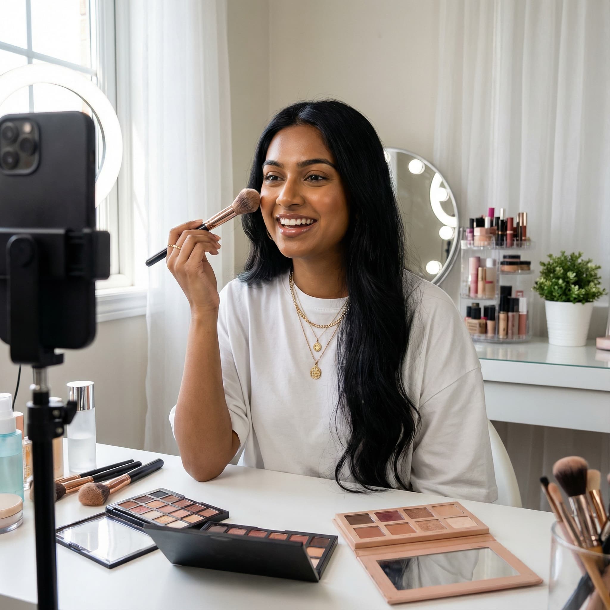 Beauty Influencer in Natural Light Bedroom