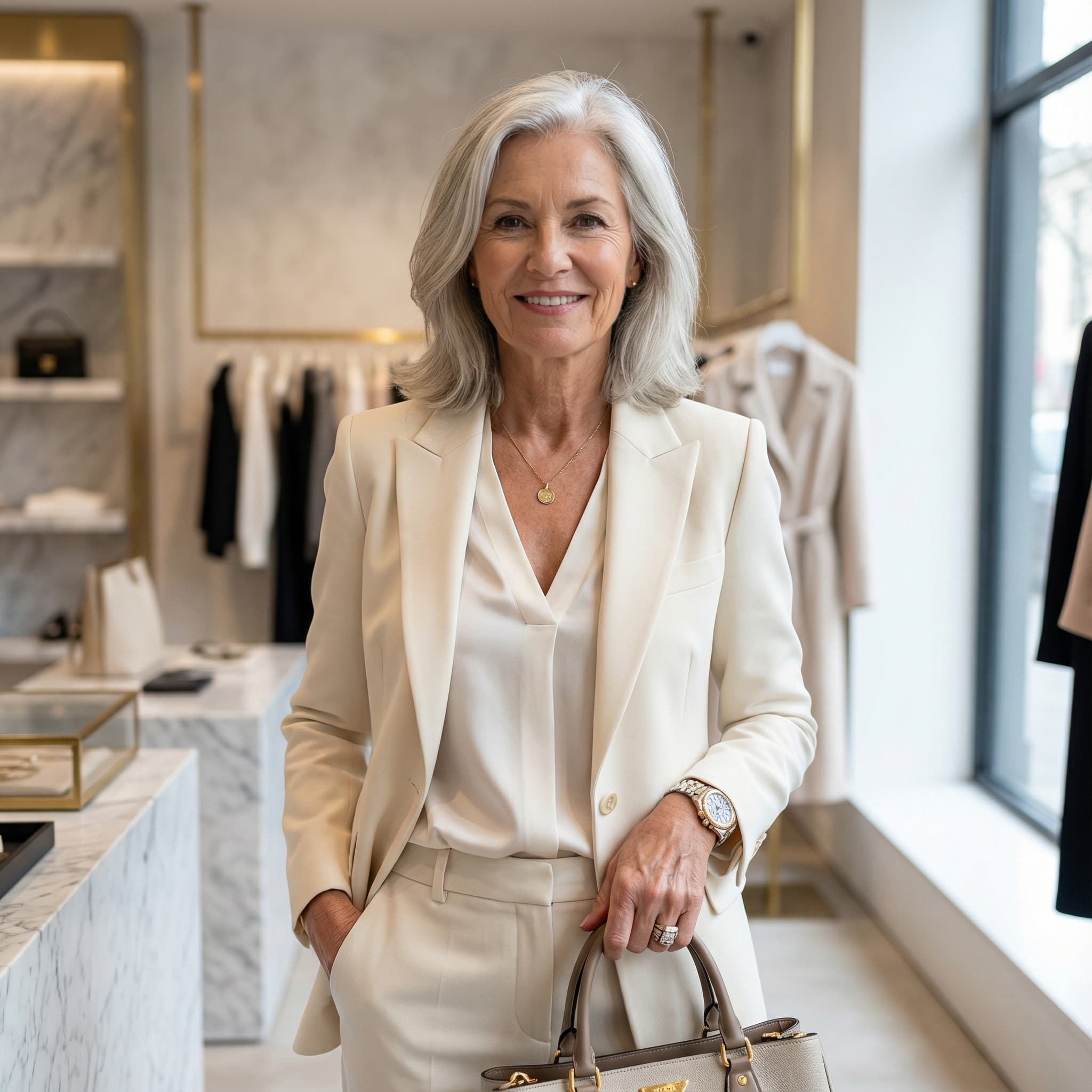 Fashion-Forward Woman in Luxury Boutique Setting