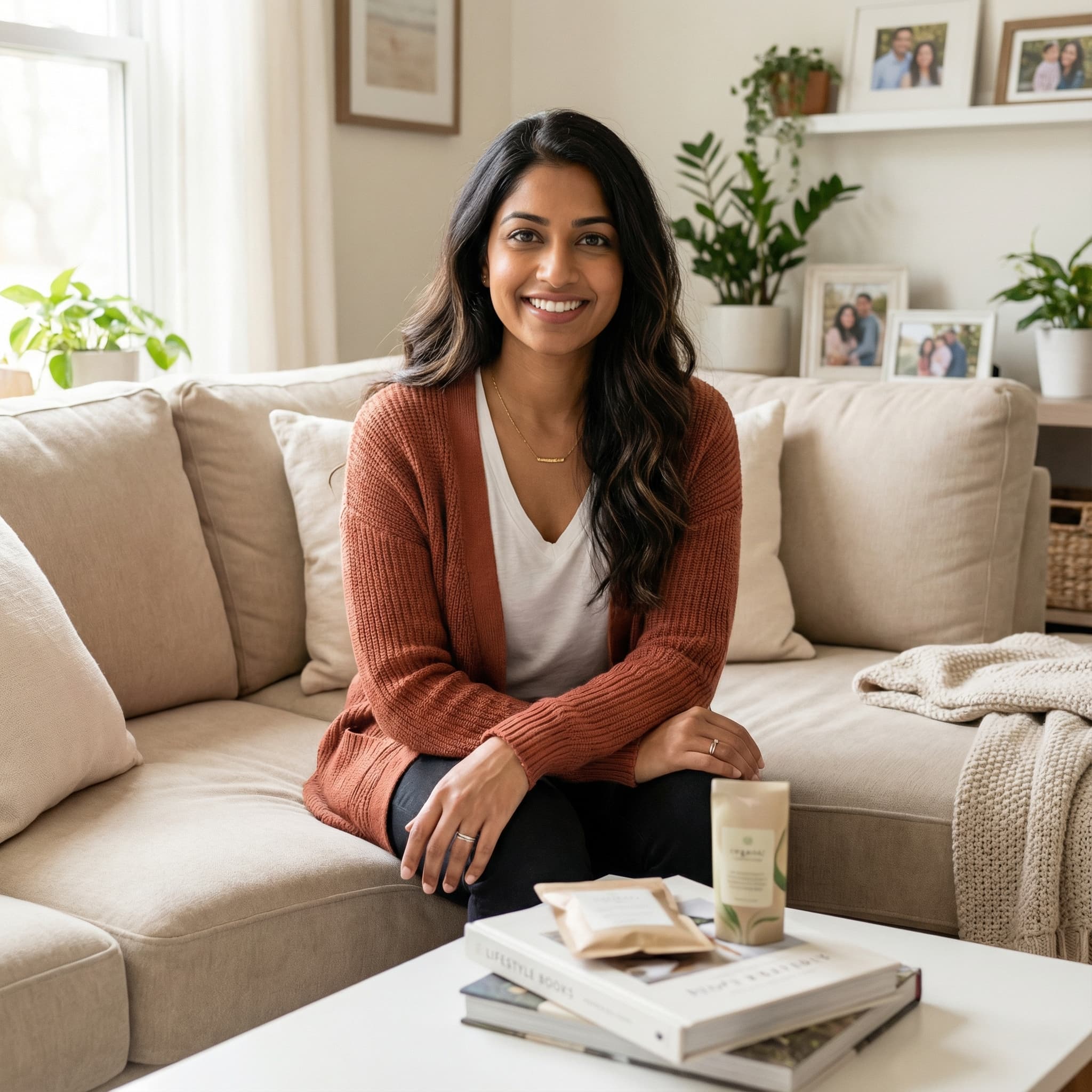 Mom Creator - South Asian Female in Bright Living Room