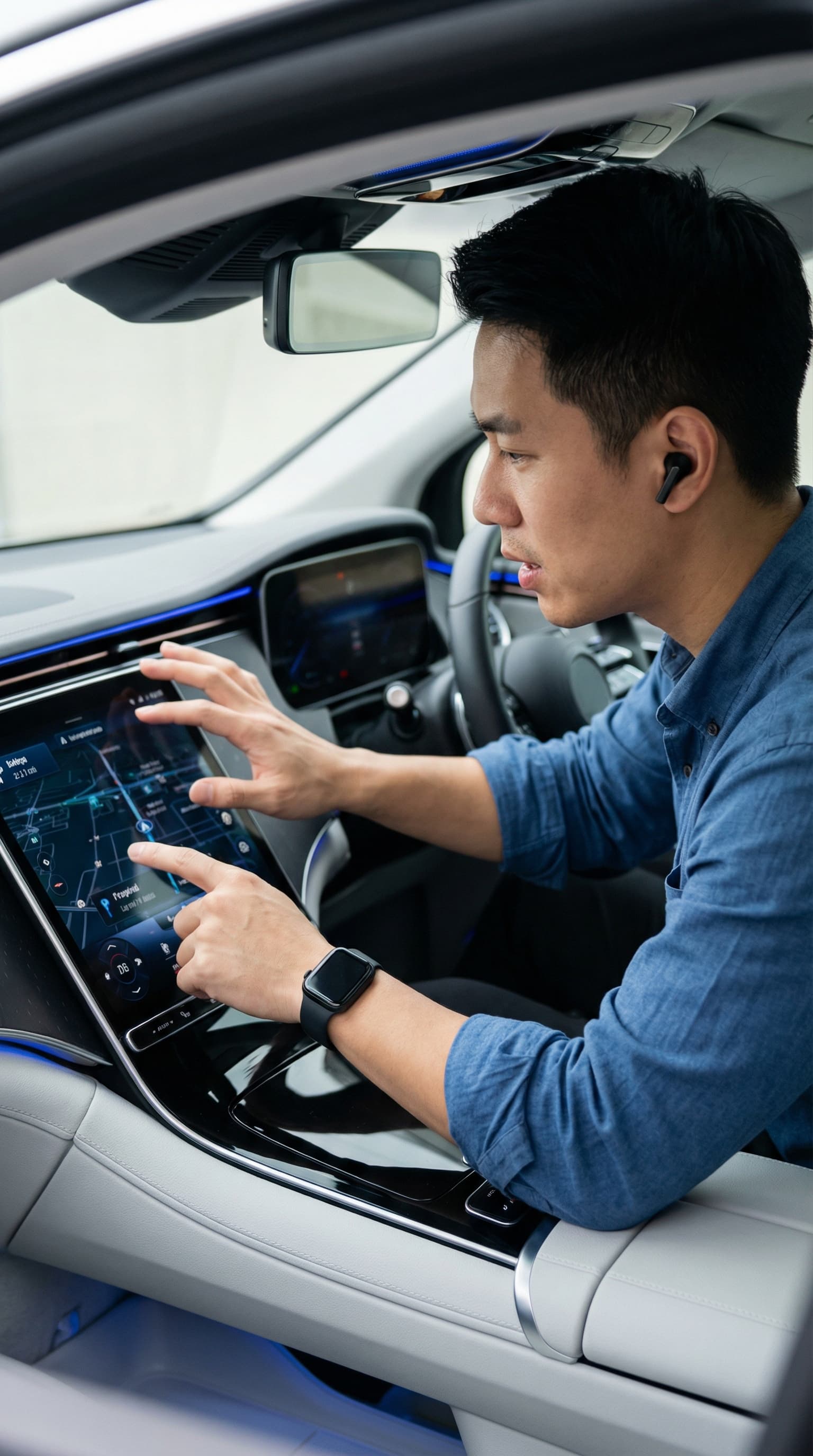 Asian Male Car Tech Reviewer in Modern EV
