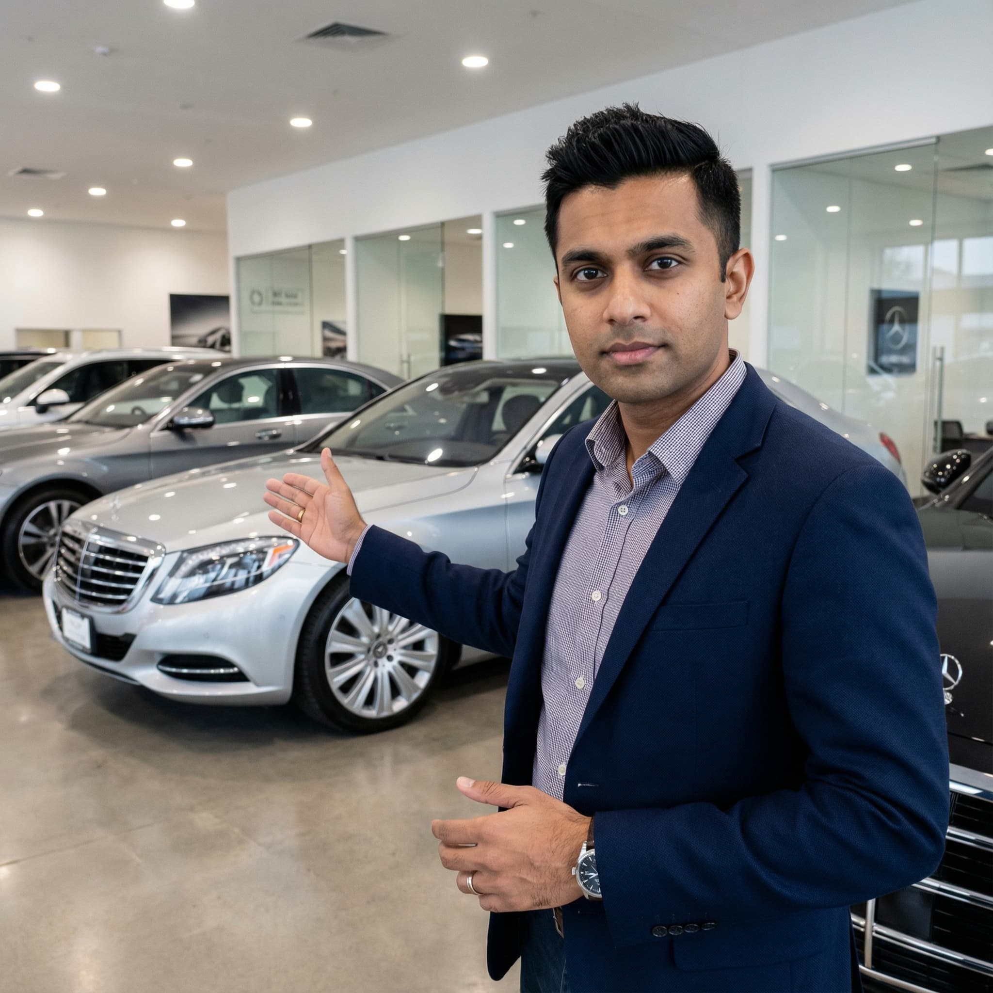 Asian Male Automotive Journalist in Showroom Setting